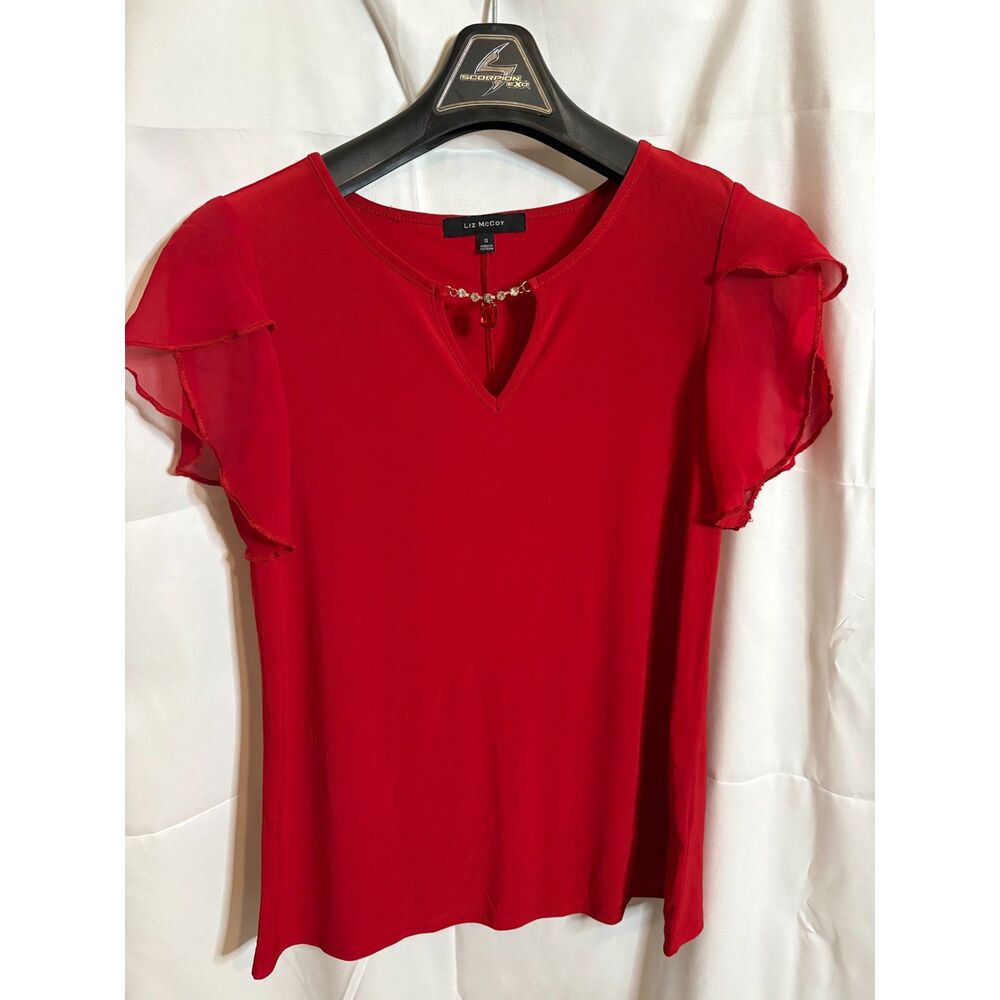 Liz McCoy Red Top Beaded Neck Small Womens